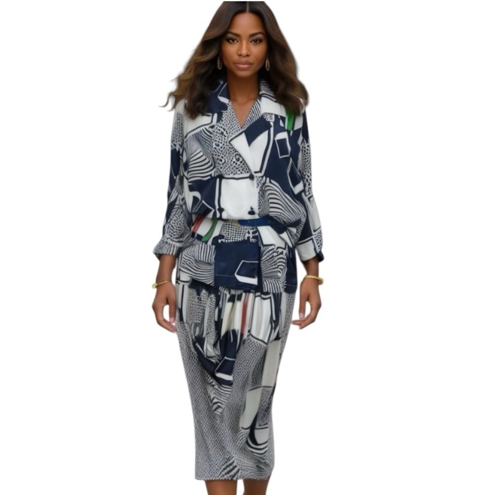 Vintage Leslie Belle blue white print blouse jacket skirt set 13/14